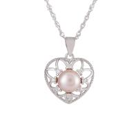 925 Sterling Silver Pearl Necklace, with Freshwater Pearl, with 1.96inch extender chain, Heart, platinum plated, wave chain & for woman & with rhinestone & hollow, more colors for choice, 16.3x21.6mm, 7.5mm, Sold Per Approx 15.74 Inch Strand