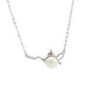 925 Sterling Silver Pearl Necklace, with Freshwater Pearl, with 1.96inch extender chain, Teapot, platinum plated, oval chain & for woman, more colors for choice, 27x12.8mm, 8mm, Sold Per Approx 15.74 Inch Strand