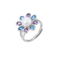 Freshwater Pearl Finger Ring 925 Sterling Silver with Freshwater Pearl Flower platinum plated adjustable & for woman & with rhinestone 17mm 8.5mm US Ring Sold By PC