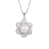 925 Sterling Silver Pearl Necklace, with Freshwater Pearl, with 1.96inch extender chain, Flower, platinum plated, wave chain & for woman & with rhinestone, 19x28.3mm, 10mm, Sold Per Approx 15.74 Inch Strand