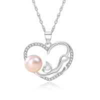925 Sterling Silver Pearl Necklace, with Freshwater Pearl, with 1.96inch extender chain, Heart, platinum plated, wave chain & for woman & with rhinestone & hollow, more colors for choice, 21.3x23mm, 7.5mm, Sold Per Approx 15.74 Inch Strand