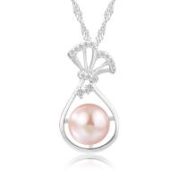 925 Sterling Silver Pearl Necklace, with Freshwater Pearl, with 1.96inch extender chain, platinum plated, wave chain & for woman & hollow, more colors for choice, 12.40x23.70mm, Sold Per Approx 15.74 Inch Strand