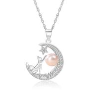 925 Sterling Silver Pearl Necklace, with Freshwater Pearl, with 1.96inch extender chain, Moon, platinum plated, for woman & with rhinestone, more colors for choice, 20x28mm, 7mm, Sold Per Approx 15.74 Inch Strand