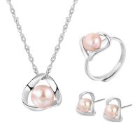 Natural Cultured Freshwater Pearl Jewelry Sets Stud Earring & finger ring & necklace 925 Sterling Silver with Freshwater Pearl with 1.96inch extender chain Geometrical Pattern platinum plated three pieces & for woman & hollow 13mm 12.4mm 12mm US Ring Length Approx 15.74 Inch Sold By Set