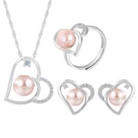 Natural Cultured Freshwater Pearl Jewelry Sets Stud Earring & finger ring & necklace 925 Sterling Silver with Freshwater Pearl with 1.96inch extender chain Heart platinum plated three pieces & for woman & with rhinestone & hollow 7.5mm US Ring Length Approx 17.7 Inch Sold By Set