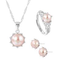 Natural Cultured Freshwater Pearl Jewelry Sets Stud Earring & finger ring & necklace 925 Sterling Silver with Freshwater Pearl platinum plated three pieces & for woman US Ring Length Approx 17.7 Inch Sold By Set