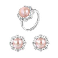 Natural Cultured Freshwater Pearl Jewelry Sets Stud Earring & finger ring 925 Sterling Silver with Freshwater Pearl Flower platinum plated 2 pieces & for woman 9.5mm US Ring Sold By Set
