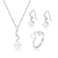 Natural Cultured Freshwater Pearl Jewelry Sets 925 Sterling Silver with Freshwater Pearl with 1.96inch extender chain platinum plated three pieces & for woman 7.9mm US Ring Length Approx 15.74 Inch Sold By Set
