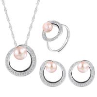 Natural Cultured Freshwater Pearl Jewelry Sets, Stud Earring & finger ring & necklace, 925 Sterling Silver, with Freshwater Pearl, with 1.96inch extender chain, Donut, platinum plated, three pieces & for woman & with rhinestone & hollow, more colors for choice, 18.3x19.4mm, 15.2x15.2mm, US Ring Size:6-8, Length:Approx 17.7 Inch, Sold By Set