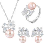 Natural Cultured Freshwater Pearl Jewelry Sets, Stud Earring & finger ring & necklace, 925 Sterling Silver, with Freshwater Pearl, with 1.96inch extender chain, Flower, platinum plated, three pieces & for woman & with rhinestone, more colors for choice, 14.7x10mm, 11.8x14.6mm, US Ring Size:6-8, Length:Approx 17.7 Inch, Sold By Set