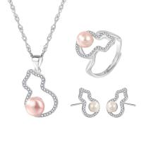 Natural Cultured Freshwater Pearl Jewelry Sets, Stud Earring & finger ring & necklace, 925 Sterling Silver, with Freshwater Pearl, with 1.96inch extender chain, Calabash, platinum plated, three pieces & for woman & with rhinestone & hollow, more colors for choice, 14.4x20mm, 16.5mm, 10.8x15.3mm, US Ring Size:6-8, Length:Approx 15.7 Inch, Sold By Set