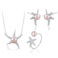 Natural Cultured Freshwater Pearl Jewelry Sets, Stud Earring & finger ring & necklace, 925 Sterling Silver, with Freshwater Pearl, with 1.96inch extender chain, Starfish, platinum plated, three pieces & for woman & with rhinestone, more colors for choice, 18.45x18.75mm, 14.5x11.55mm, 12.35x11.8mm, US Ring Size:6-8, Length:Approx 17.7 Inch, Sold By Set
