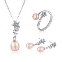 Natural Cultured Freshwater Pearl Jewelry Sets finger ring & earring & necklace 925 Sterling Silver with Freshwater Pearl with 1.96inch extender chain Star platinum plated three pieces & for woman & with rhinestone 8mm US Ring Length Approx 15.7 Inch Sold By Set