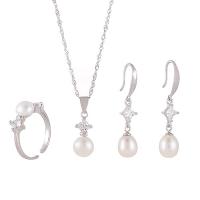 Natural Cultured Freshwater Pearl Jewelry Sets, finger ring & earring & necklace, 925 Sterling Silver, with 1.96inch extender chain, platinum plated, three pieces & for woman & with rhinestone, more colors for choice, 6.8mm, 7.7x22.5mm, 7x35mm, US Ring Size:6-8, Length:Approx 15.7 Inch, Sold By Set