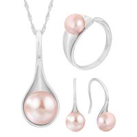 Natural Cultured Freshwater Pearl Jewelry Sets finger ring & earring & necklace 925 Sterling Silver with Freshwater Pearl with 1.96inch extender chain Round platinum plated three pieces & for woman US Ring Length Approx 17.7 Inch Sold By Set