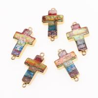 Connecteur de pierre gemme, laiton, avec Jaspe d'impression, croix, couleurs mélangées, 34x19x5mm, Vendu par PC