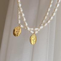 Природное пресноводное жемчужное ожерелье, Пресноводные жемчуги, с цинковый сплав, плакирован золотом, Женский, белый, длина Приблизительно 16.53 дюймовый, продается PC