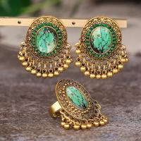 Zinc Alloy Jewelry Sets finger ring & earring with turquoise plated 2 pieces & fashion jewelry & for woman green Sold By Set