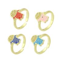 Cubic Zirconia Micro Pave Brass Ring Evil Eye Hamsa gold color plated Adjustable & micro pave cubic zirconia & enamel US Ring Sold By PC