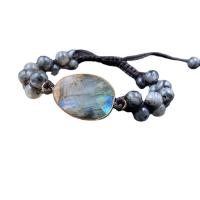 Gemstone Woven Ball Bracelets Labradorite with Knot Cord & Brass gold color plated faceted black 10mm Sold Per Approx 9.84 Inch Strand