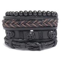 PU Leather Cord Bracelets with Wax Cord & Wood & Zinc Alloy gun black plated 4 pieces & fashion jewelry & woven pattern mixed colors 17-18CM Sold By Set