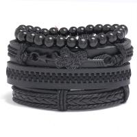 PU Leather Cord Bracelets with Wax Cord & Wood & Zinc Alloy gun black plated 4 pieces & fashion jewelry & woven pattern black 17-18CM Sold By Set