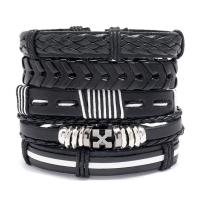PU Leather Cord Bracelets with Wax Cord & Copper Coated Plastic & Zinc Alloy silver color plated 4 pieces & fashion jewelry & woven pattern 17-18CM Sold By Set