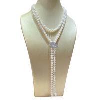 Natural Freshwater Pearl Long Necklace, with Brass, brass buckle, silver color plated, for woman, white, 7-7.5mm, Length:Approx 39.37 Inch, Sold By PC