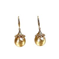 Golden South Sea Pearl Drop Earring, met 925 sterling zilver, sterling zilver oorbel haak, gold plated, micro pave zirconia & voor vrouw, 11-12mm, Verkocht door pair