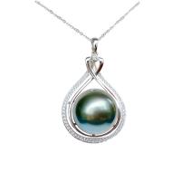 Akoya Cultured Pearls Necklace with 18K White Gold Teardrop platinum color plated micro pave cubic zirconia & for woman malachite green 14.80mm Length Approx 15.75 Inch Sold By PC
