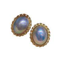 Akoya Cultured Pearls Stud Earring with 18K Gold 18K gold post pin Oval gold color plated vintage & for woman blue Sold By Pair