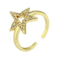 Brass Cuff Finger Ring Star gold color plated Adjustable & micro pave cubic zirconia & hollow US Ring Sold By PC