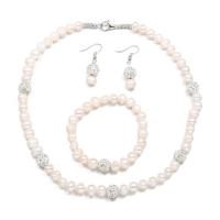 Natural Cultured Freshwater Pearl Jewelry Sets bracelet & earring & necklace with Rhinestone Clay Pave zinc alloy lobster clasp zinc alloy earring hook silver color plated three pieces & fashion jewelry 8-9mm 43cm 18cm Sold By PC