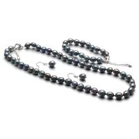 Natural Cultured Freshwater Pearl Jewelry Sets, bracelet & earring & necklace, with Tibetan Style, with 1.97 extender chain, silver color plated, three pieces & fashion jewelry,  8-9mm,18.5cm,47cm,3cm, Sold By Set
