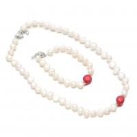 Natural Cultured Freshwater Pearl Jewelry Sets bracelet & necklace with Natural Coral & Zinc Alloy plated 2 pieces & fashion jewelry 9-10mm 12mm 18+5cm 43+5cm Sold By Set
