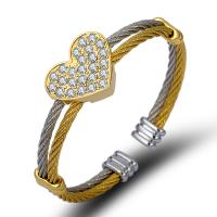 Stainless Steel Cuff Bangle, Heart, forgyldt, mode smykker & med rhinestone, flere farver til valg, Længde 58 mm, Solgt af PC