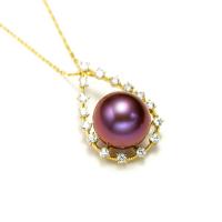 Collier de perles en argent sterling 925, perle d'eau douce cultivée, avec Argent sterling 925 & zircon cubique, larme, Placage de couleur d'or, pour femme, violet, 12-13mm, Longueur Environ 15.75 pouce, Vendu par PC