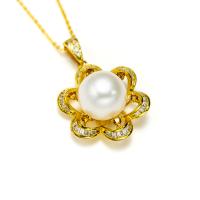 925 Sterling Stříbrný perlový náhrdelník, Sladkovodní Pearl, s 925 Sterling Silver & Cubic Zirconia, Květina, barva pozlacený, pro ženy, bílý, 11-12mm, Délka Cca 15.75 inch, Prodáno By PC