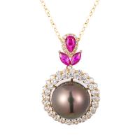 925 Sterling Stříbrný perlový náhrdelník, Tahitian perly, s 925 Sterling Silver & Cubic Zirconia, Kolo, barva pozlacený, pro ženy, černý, 11-12mm, Délka Cca 15.75 inch, Prodáno By PC