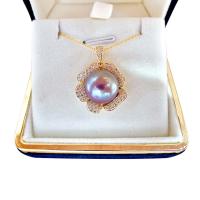 925 Sterling Silver Pearl Necklace, Freshwater Pearl, with 925 Sterling Silver, Flower, gold color plated, micro pave cubic zirconia & for woman, purple, 12-13mm, Length:Approx 15.75 Inch, Sold By PC