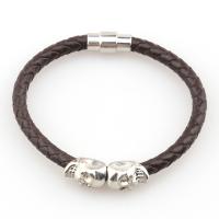 PU Leather Cord Bracelets with Stainless Steel Skull plated fashion jewelry & woven pattern Length 21 cm Sold By PC