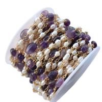 Brass Ball Chain Amethyst with Freshwater Pearl & Brass gold color plated DIY mixed colors 4-5mm Length 19.69 Inch Sold By Spool