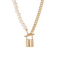 Plastic Pearl Necklace Zinc Alloy with Plastic Pearl with 2.76 extender chain Lock plated fashion jewelry & for woman golden 25mm Length 17.13 Inch Sold By PC