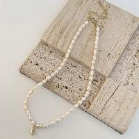 Freshwater Pearl Brass Necklace with Brass Heart gold color plated white Sold By PC