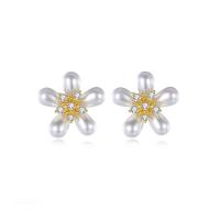 Brass Stud Earring Flower gold color plated micro pave cubic zirconia & for woman white Sold By Pair