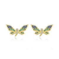 Brass Stud Earring Dragonfly gold color plated micro pave cubic zirconia & for woman Sold By Pair