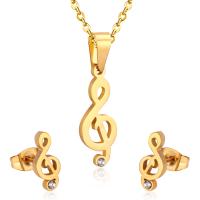 Fashion Stainless Steel Jewelry Sets Stud Earring & necklace Music Note gold color plated micro pave cubic zirconia & for woman 29*11mm 10*5mm Length Approx 17.72 Inch Sold By Set