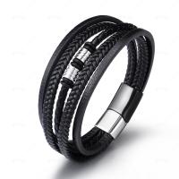 PU leder koord armbanden, met Roestvrij staal, plated, mode sieraden & geweven patroon, zwart, Lengte 21 cm, Verkocht door PC