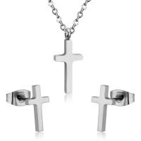 Fashion Stainless Steel Jewelry Sets Stud Earring & necklace 304 Stainless Steel Cross Vacuum Ion Plating fashion jewelry & for woman 16*7mm 12*6.5mm Length Approx 17.72 Inch Sold By Set