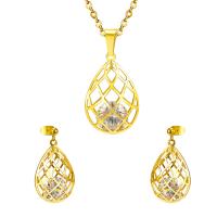Fashion Stainless Steel Jewelry Sets earring & necklace 304 Stainless Steel Vacuum Ion Plating micro pave cubic zirconia & for woman & hollow 30*20mm 30*20mm Length Approx 17.72 Inch Sold By Set